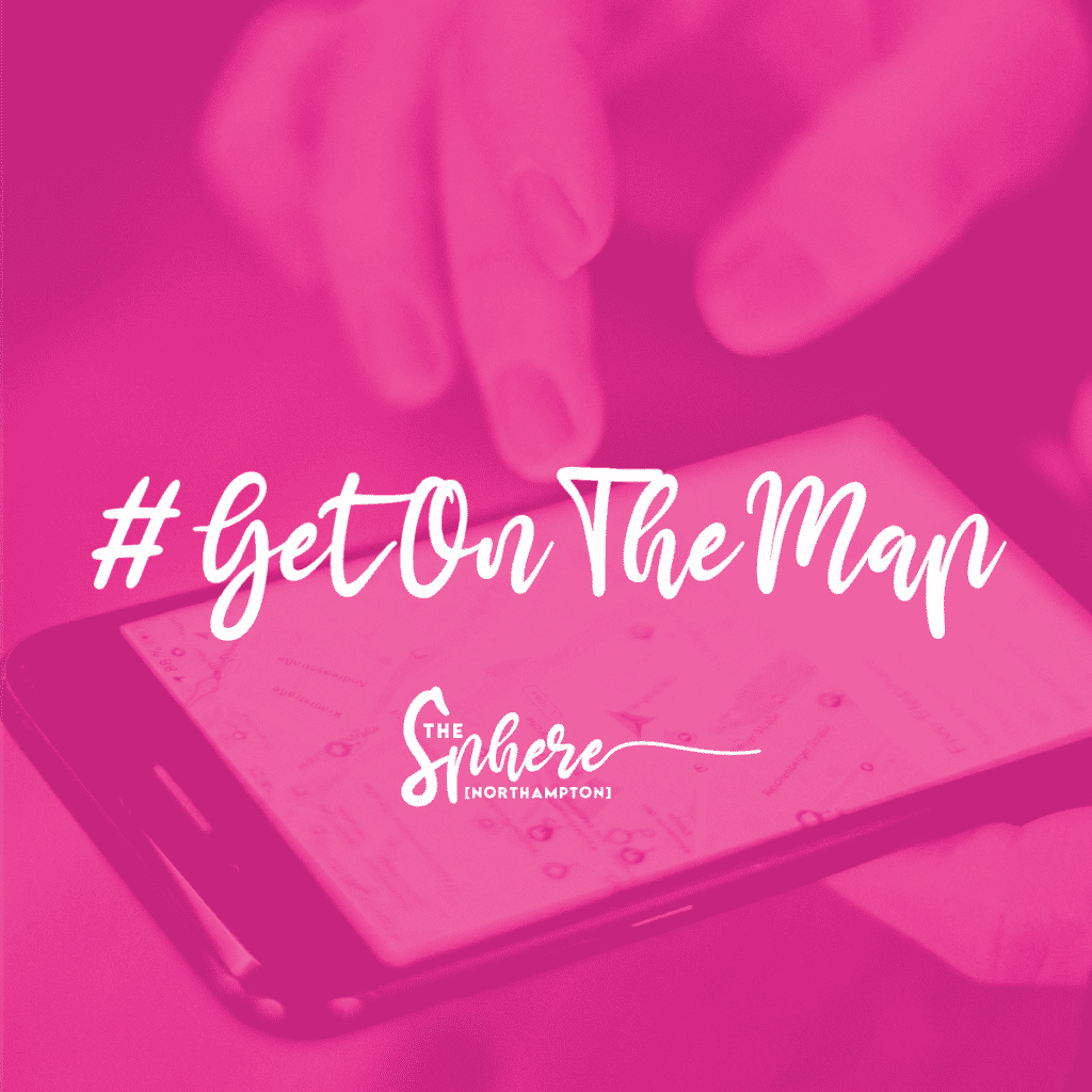 #getonthemap text over pink background with sphere logo